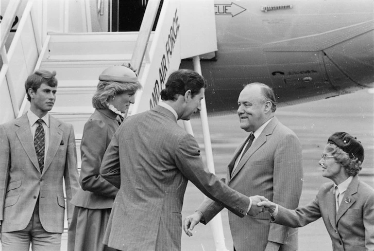 Image: Prime Minister Robert Muldoon greeting royal visitors - Photograph taken by Merv Griffiths