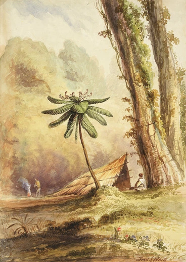 Image: White, Frederick John, fl 1837-1848 :[Black fern-tree, New Zealand. Raupo hut, with a Pakeha by a fire, a seated Maori and a tree fern, amidst tall tree trunks. 1848 or 1849?]