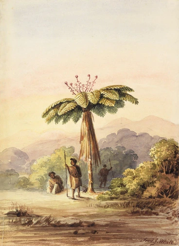 Image: White, Frederick John, fl 1837-1848 :[Tree fern with three Maori at sunset. Hutt Valley? 1848 or 1849?]