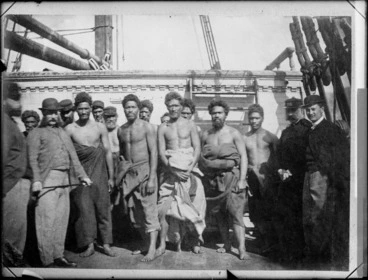 Image: Maori prisoners, members of the Hauhau church captured at Wereroa Pa, Waitotara, South Taranaki District, under guard on board a prison hulk in Wellington Harbour