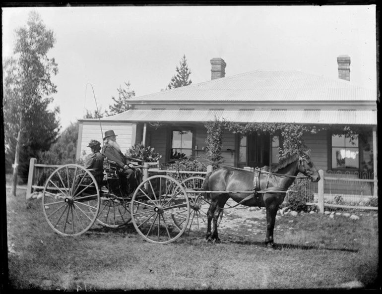 Image: Horse drawn carriage and passengers with house in the background, possibly Christchurch area