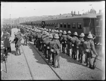 Image: World War One soldiers ready for departure at the railyards, Wellington