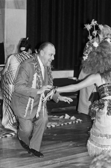 Image: Prime Minister Robert Muldoon dancing the siva - Photograph taken by John Nicholson