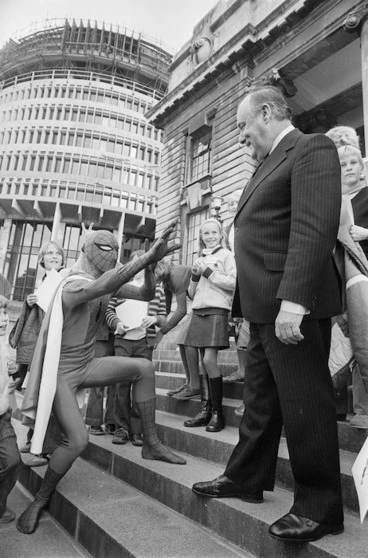 Image: Robert Muldoon meets Spider-Man on the steps of Parliament - Photograph taken by Alan Stevenson