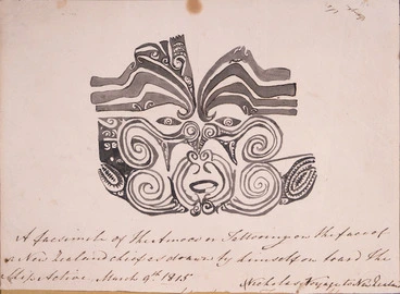 Image: [Te Morenga] fl 1815-1830s :A facsimile of the Amoco or tattooing on the face of a New Zealand chief as drawn by himself on board the ship Active, March 9th 1815
