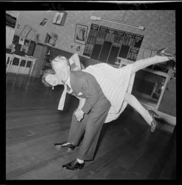 Image: Mr Milton Mitchell and Mrs Jimmy James demonstrating rock & roll dancing, in a dance studio