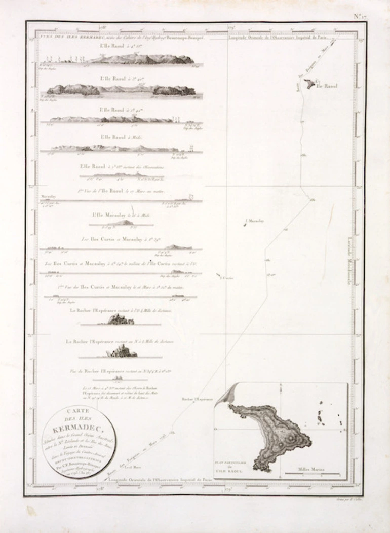 Image: Beautemps-Beaupre, C. F. :Carte des iles Kermadec, situes dans le grand Ocean Austral, entre la Nouvelle Zelande et les Isles des Amis. Levee et dressee dans le voyage du Contre-Amiral Bruny Dentrecasteaux par C. F. Beautemps-Beaupre, Ingenieur-Hydrographe, en 1793 (An 1er). [Paris, 1807]