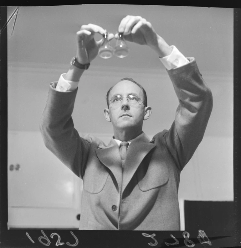 Image: An unidentified man testing Asian flu vaccine product at the Tasman Vaccine Laboratory in Upper Hutt