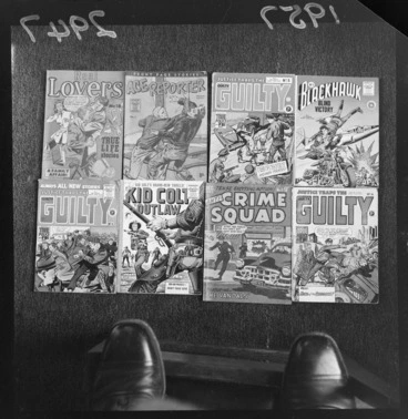 Image: "Horror comics in Ministers Office" (caption) showing disapproved-of comics to be censored