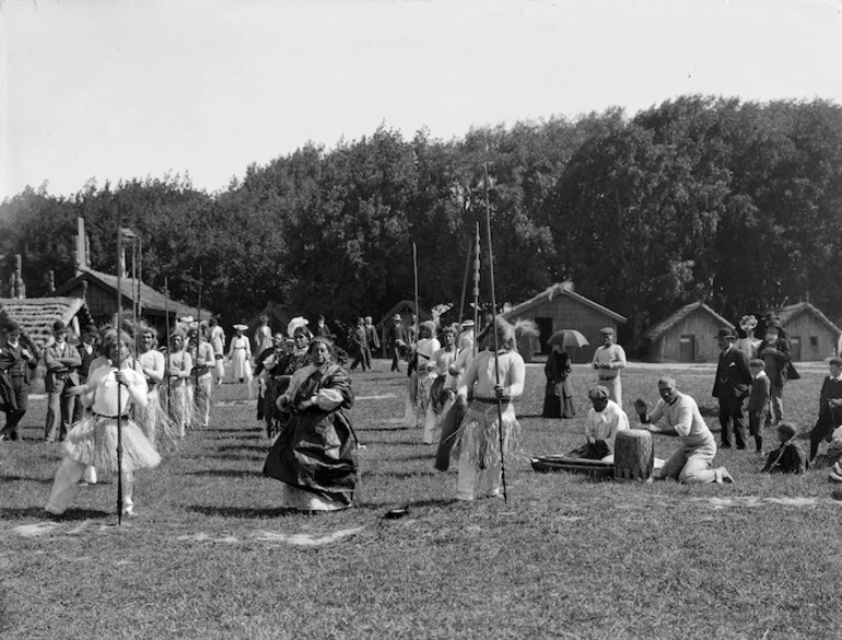 Image: Dancers, probably from the Cook Islands, performing as part of the Christchurch Exhibition