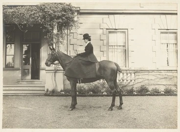 Image: Lady Constance Knox on her horse Bruno, in the grounds of Government House, Auckland - Photograph taken by Herman John Schmidt