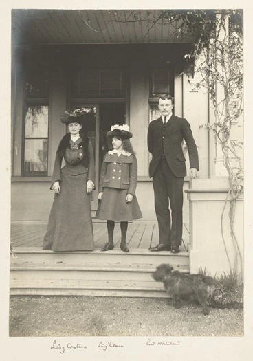 Image: Lady Constance Knox, Lady Eileen Knox and Lord Northland, in the grounds of Government House, Auckland - Photograph taken by Herman John Schmidt