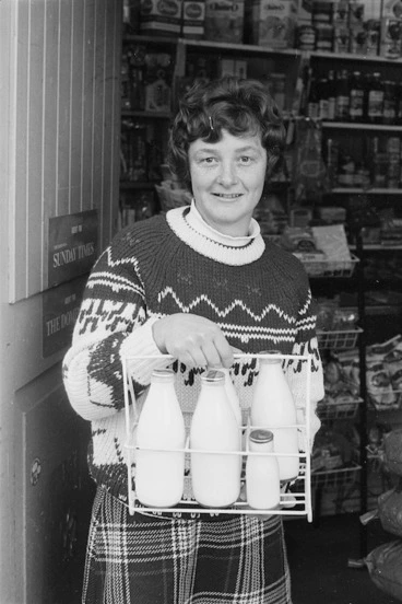 Image: Mrs Janette Frost with bottles of milk
