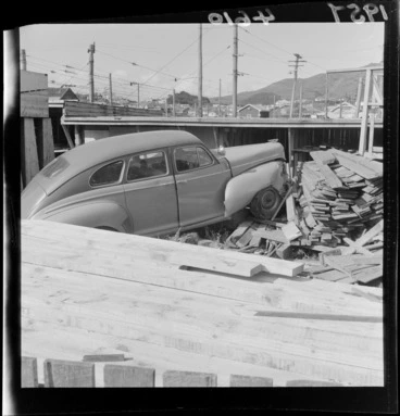 Image: A car crashes into woodpile in Johnsonville, Wellington