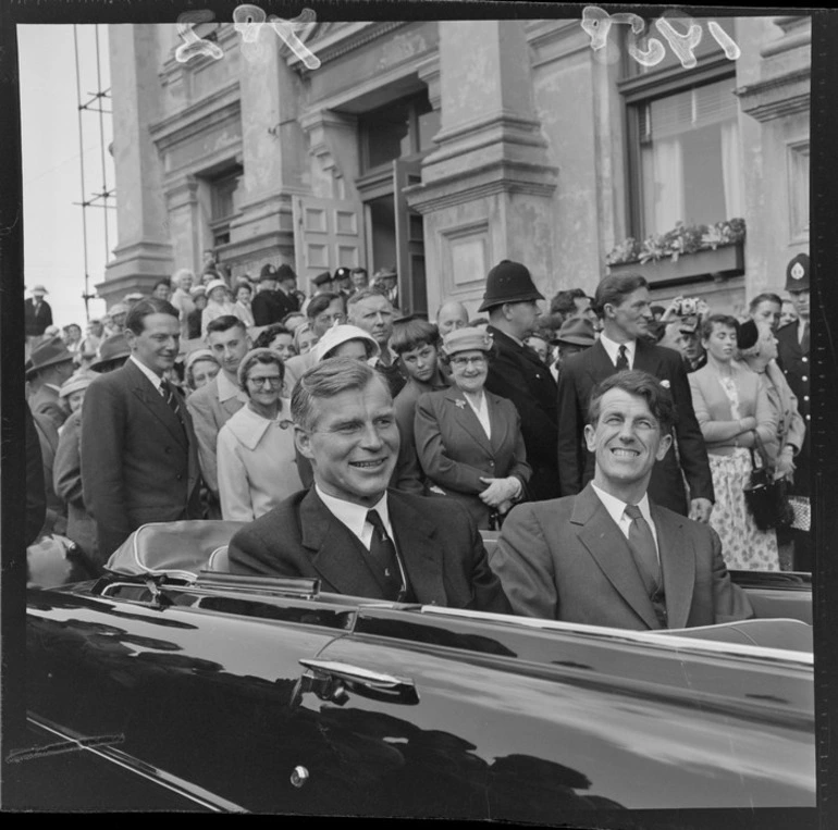 Image: Sir Vivian Fuchs and Sir Edmund Hillary are welcomed back from the Commonwealth Trans-Antarctic Expedition