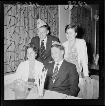 Image: Four unidentified girls and boys at a tea party for teenagers, Central Park Cabaret, Wellington