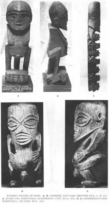 Plate 13 — Wooden Images of Gods: A, B, Goddess, Aitutaki (British Mus., L.M.S.); C, Staff God, Rarotonga (Cambridge Univ. Mus., 101); D, E, Fisherman's God. Rarotonga (Munich Mus., 191) Image: Plate 13 — Wooden Images of Gods: A, B, Goddess, Aitutaki (British Mus., L.M.S.); C, Staff God, Rarotonga (Cambridge Univ. Mus., 101); D, E, Fisherman's God. Rarotonga (Munich Mus., 191)