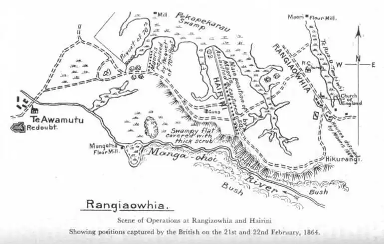 Image: Scene of Operations at Rangiaowhia and Hairini — Showing positions captured by the British on the 21st and 22nd February, 1864