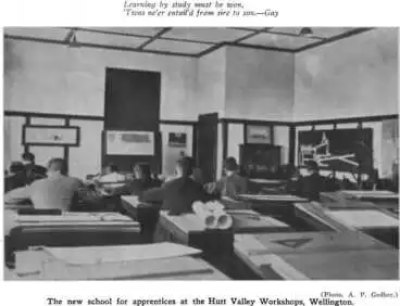 The new school for apprentices at the Hutt Valley Workshops, Wellington. — (Photo. A. P. Godber.) Image: The new school for apprentices at the Hutt Valley Workshops, Wellington. — (Photo. A. P. Godber.)