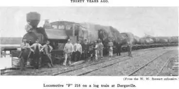 Thirty Years Ago. — (From the W. W. Stewart collection.) — Locomotive “F” 216 on a log train at Dargaville Image: Thirty Years Ago. — (From the W. W. Stewart collection.) — Locomotive “F” 216 on a log train at Dargaville