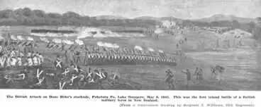 The British Attack on Hone Heke's stockade, Puketutu Pa, Lake Omapere, May 8, 1845. This was the first inland battle of a British military force in New Zealand. — (From a watercolour drawing by Sergeant J. Williams, 58th Regiment) Image: The British Attack on Hone Heke's stockade, Puketutu Pa, Lake Omapere, May 8, 1845. This was the first inland battle of a British military force in New Zealand. — (From a watercolour drawing by Sergeant J. Williams, 58th Regiment)
