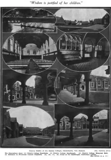 Camera Studies of two famous Colleges, Christchurch, New Zealand. (Rly. Publicity photos.) — The illustrations show: (1) Christ's College Boatsheds. (2) Christ's College Quadrangle. (3) Christ's College Memorial Hall. (4) Entrance to Provincial Council... Image: Camera Studies of two famous Colleges, Christchurch, New Zealand. (Rly. Publicity photos.) — The illustrations show: (1) Christ's College Boatsheds. (2) Christ's College Quadrangle. (3) Christ's College Memorial Hall. (4) Entrance to Provincial Council...