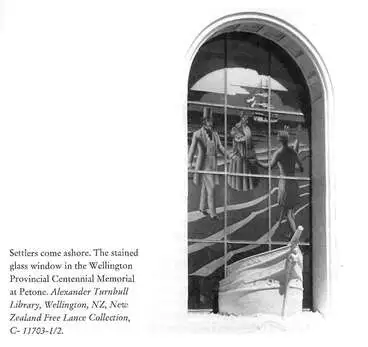 Settlers come ashore. The stained glass window in the Wellington Provincial Centennial Memorial at Petone. Alexander Turnbull Library, Wellington, NZ, New Zealand Freelance Collection C-11703-1/2 Image: Settlers come ashore. The stained glass window in the Wellington Provincial Centennial Memorial at Petone. Alexander Turnbull Library, Wellington, NZ, New Zealand Freelance Collection C-11703-1/2
