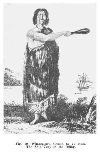 Fig. 10—Wharepouri, Cousin to Te Puni. The Ship Tory in the Offing. Figs. 9 and 10 are reproductions of photos by Mr. Hapi Love, Junior, from the Original Paintings by Mr. C. D. Barraud (1861) hanging in Mr. Hapi Love's Maori Hall in his house (Taumata... Image: Fig. 10—Wharepouri, Cousin to Te Puni. The Ship Tory in the Offing. Figs. 9 and 10 are reproductions of photos by Mr. Hapi Love, Junior, from the Original Paintings by Mr. C. D. Barraud (1861) hanging in Mr. Hapi Love's Maori Hall in his house (Taumata...