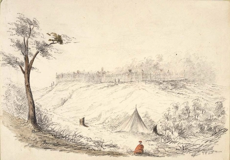 Image: Painting of Te Rangihaeata's pā at Pāuatahanui