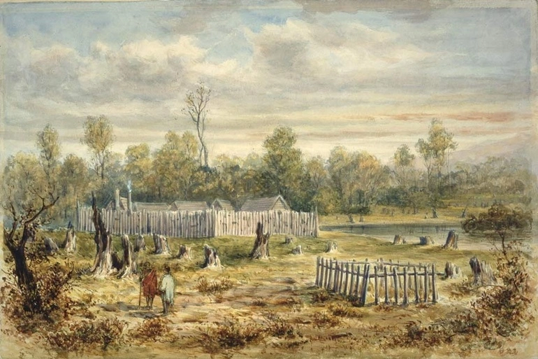 Image: Painting of Boulcott's stockade in Hutt Valley