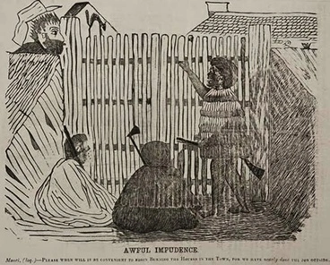 Image: Māori at gates of New Plymouth cartoon