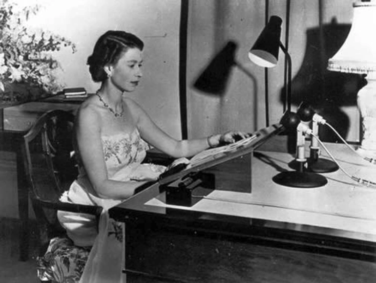 Image: Queen Elizabeth reads the Christmas message, 1953