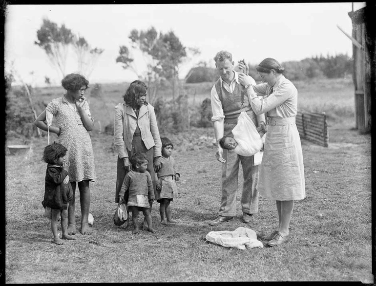 Image: District nurse weighing baby, Waihara