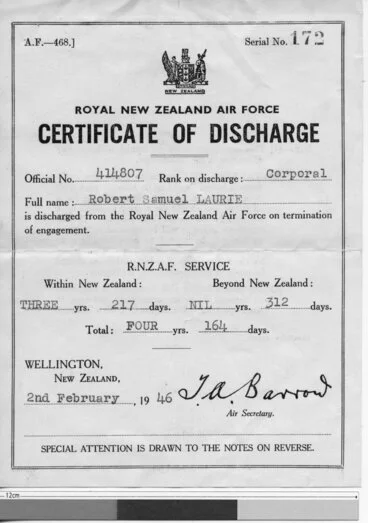 Image: Discharge Certificate (WWII) for Airman R.S. Laurie (1921-2004)