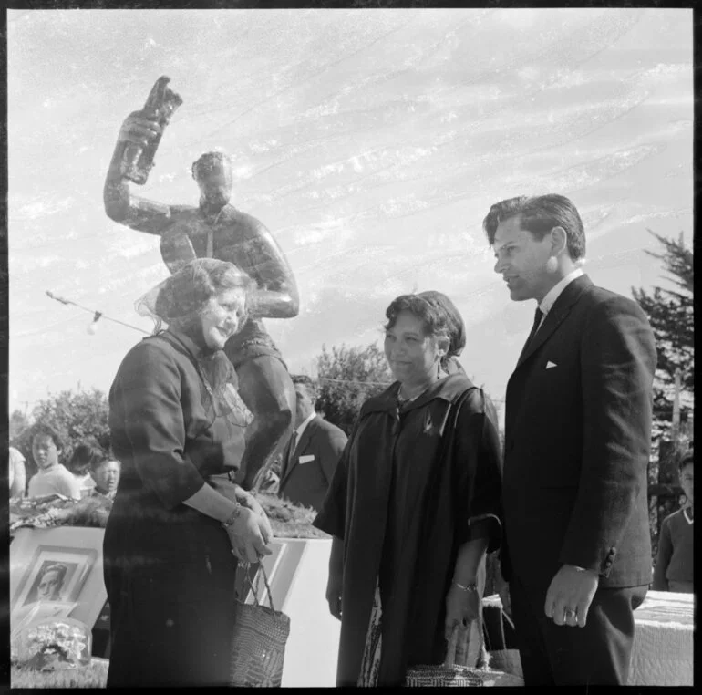 Image: Dr Maharaia Winiata memorial unveiling. Mrs Winiata, Princess Piki & David Winiata.