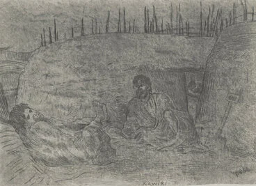 Image: Photographic print of sketch of Rawiri Puhirake in the trenches at Pukehinahina