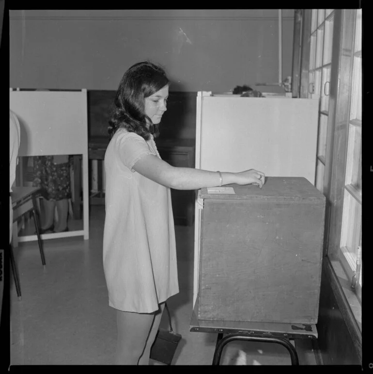 Image: Sue Gilliand at the ballot box, Tauranga Boys' College