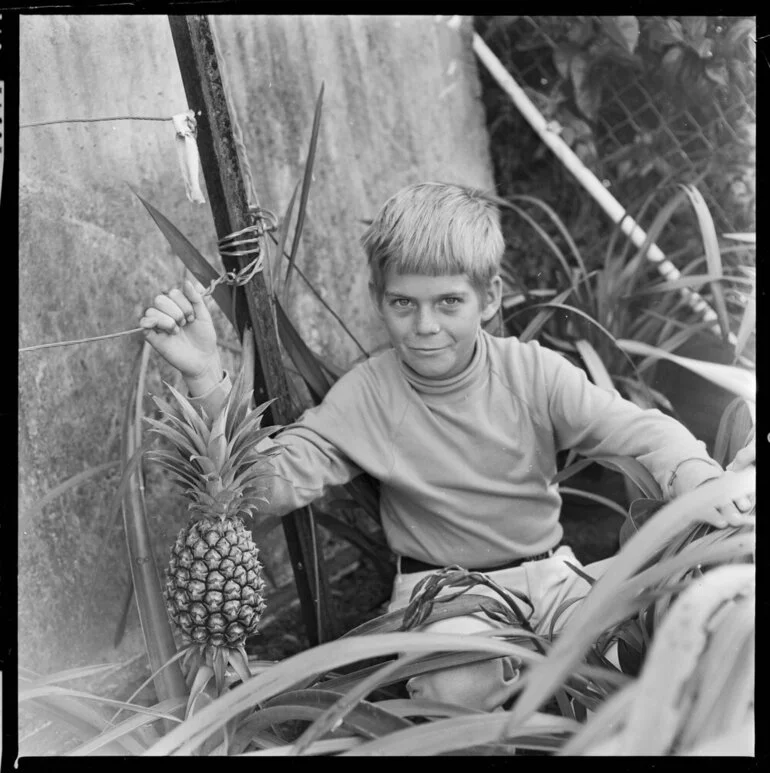 Image: Tony Prebble (10) holding his family's home grown pineapple