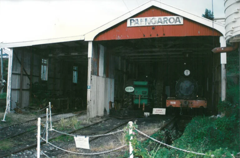 Image: Historic Village locomotive and traction engine in train station c. late-1990s