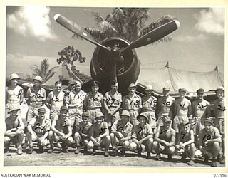Image: OFFICERS AND NON COMMISSIONED OFFICERS OF NO. 3 SERVICING UNIT, ROYAL NEW ZEALAND AIR FORCE PHOTOGRAPHED IN FRONT OF ONE OF NO. 16 SQUADRON, ROYAL NEW ZEALAND AIR FORCE, CHANCE-VOUGHT, "CORSAIR" ..