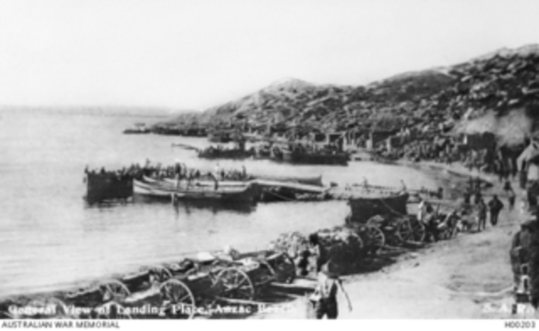 Image: The beach landing place after Anzac Corps troops had settled in with men and supplies still arriving