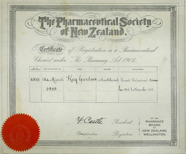Image: Roy Gardner, Certificate of Registration as a Pharmaceutical Chemist under the Pharmacy Act 1908