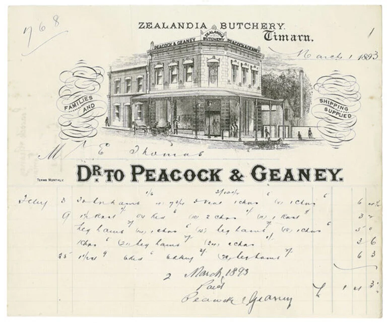 Image: Peacock and Geaney (Zealandia Butchery) billhead