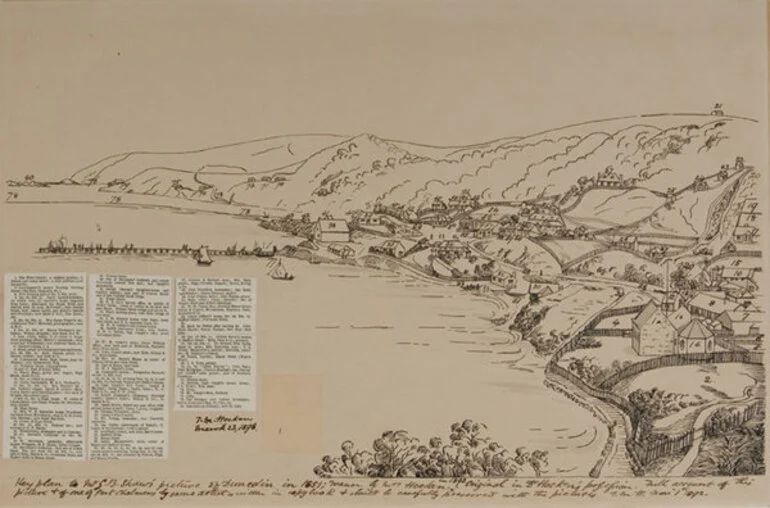 Image: Key plan to Mr G.B. Shaw’s picture of Dunedin in 1851. Drawn by Mrs Hocken in 1892.