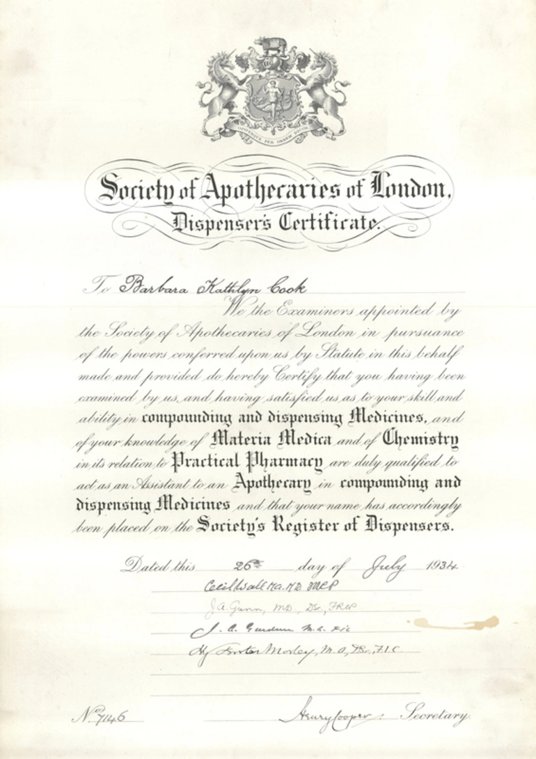 Image: Dispensers Certificate awarded to Barbara Kathlyn Cook