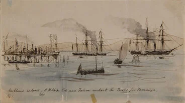 Image: Auckland. 20 April, H.M. Ships Esk and Falcon embark the troops for Tauranga.