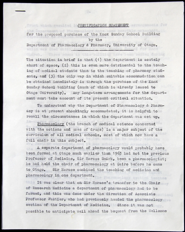 Image: Justification Statement for the proposed purchase of the Knox Sunday School building by the Department of Pharmacology and Pharmacy