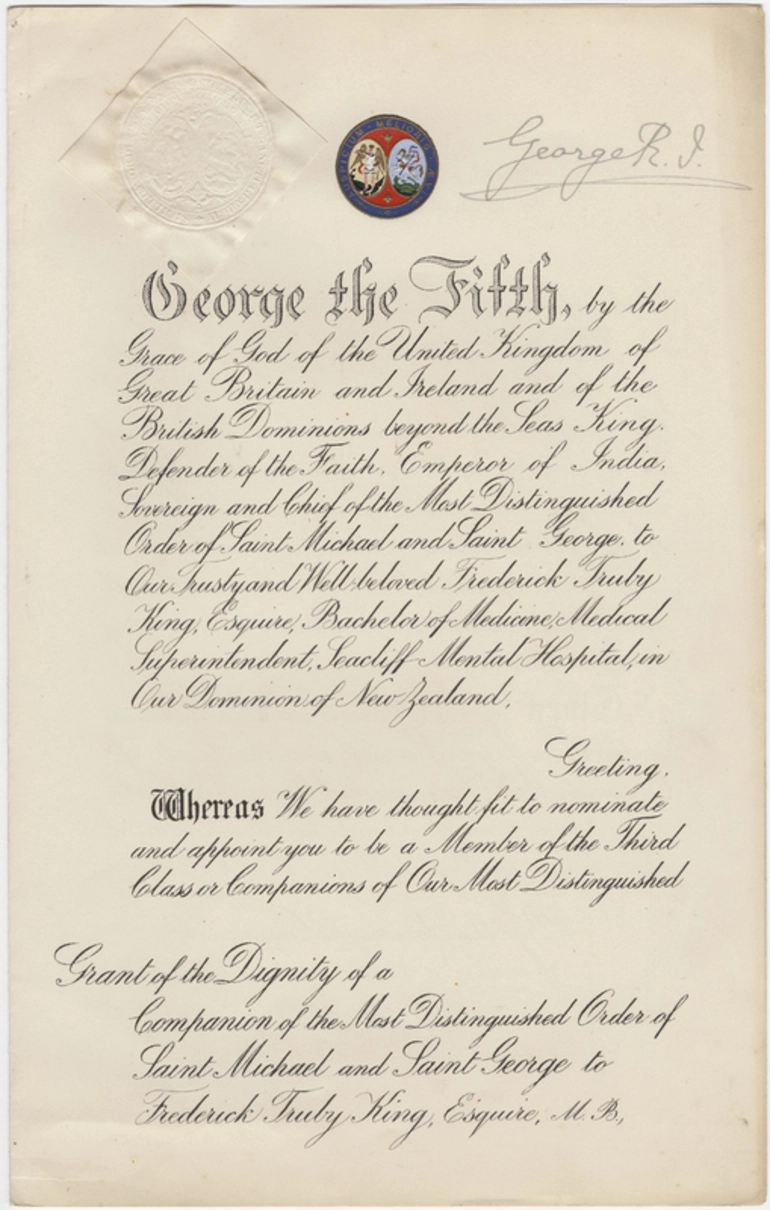 Image: Warrant for Truby King’s Knighthood