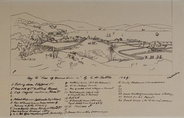 Image: Key to “View of Dunedin” by C.H. Kettle, 1849. T.M.Hocken.