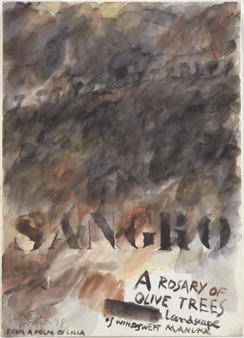 Image: Sangro, a rosary of olive trees, landscape of windswept manuka.